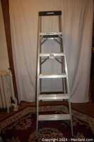 Front view of the 6-foot aluminum step ladder showing steps, frame, and black top platform.