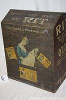 Close-up of one side showing vintage RIT Dye advertisement with woman holding dyed cloth and RIT product boxes.