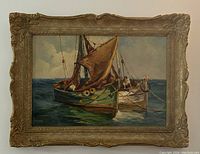 Full view of the framed oil on board painting showing sailboat on water