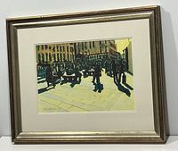 Full view of framed watercolour painting by Bob Evans showing a plaza scene with people and buildings.
