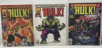 Front view of three Marvel 'The Hulk' magazines, issues #25, #26, #27, each bagged with visible covers.