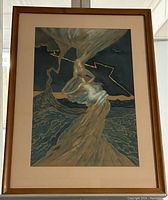Full view of framed watercolour painting by Neville Cain showing nude figure and stormy sea