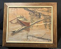 Front view of the framed pastel artwork showing the rowboat floating near logs in water, signed and dated by Rosaire Raymond Picard.