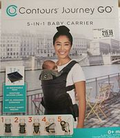 Front packaging showing woman carrying baby in Contours Journey GO 5-in-1 baby carrier with price tag $219.99.