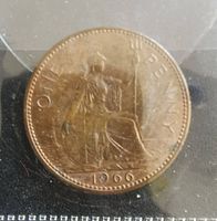 Reverse side of the 1966 one penny coin showing seated Britannia and the year 1966.