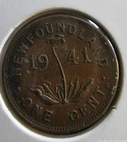 Front side of the coin showing the year 1941 and plant design with 'NEWFOUNDLAND ONE CENT' inscriptions.