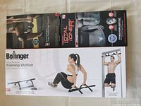 Photo showing the packaging of the three main fitness items: Bollinger training station, McDavid knee support, and Profect Sports Total Toner, arranged on a floor.