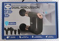 Photo of the box front showing the Sealy deep-tissue therapy dual percussion massage tool with 6 intensity modes, 8 massage heads, ergonomic rubber grip, 3 hour charging and working time.