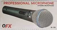 Close-up of the QFX Professional Dynamic Microphone box showing product image and model number M-158.
