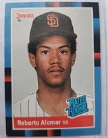 Front image of 1988 Roberto Alomar baseball card by Donruss featuring Rated Rookie badge and Padres logo.