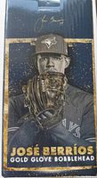 Front panel of the box showing a close-up image of Jose Berrios with glove, his autograph printed in gold, and text 'Jose Berrios Gold Glove Bobblehead'