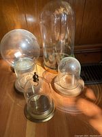 Five assorted glass terrariums of varying sizes and base materials arranged on wood floor, dusty and needing cleaning.