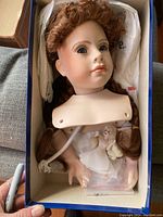 Photo shows porcelain doll parts inside a box including a doll head with brown braided hair, torso segment, three arms, and a small baby doll.