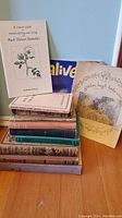 Photo of assorted vintage hardcover and paperback books stacked and standing upright. Visible titles include a pamphlet on Bach Flower Remedies and a magazine titled 'Alive'.