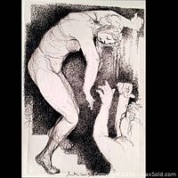 Full view of the giclee printed canvas showing the eerie image of two human figures rendered in black and white with sketch-like strokes.
