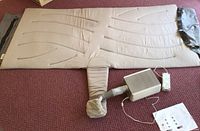 Beige dual temperature bed pad with connected control unit and remote laid out on carpet, showing surface and air hose port.