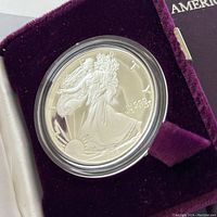 Close-up of the 1986 American Eagle silver proof coin in plastic capsule inside purple velvet display case.