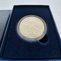 Close-up of the 2013 American Eagle silver coin in protective capsule sitting inside a navy blue velvet foam insert in original box.