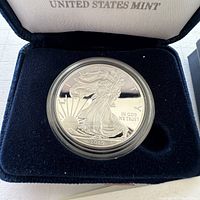 Close-up of the 2015 American Eagle one ounce silver proof coin in protective capsule inside velvet-lined presentation box showing the obverse side with Lady Liberty design.