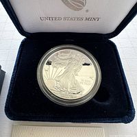 2016 American Eagle silver proof coin displayed in open black velvet presentation box showing trading design and date