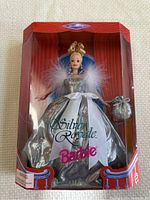 Full front view of the Silver Royale Barbie doll in original box showing the dress and packaging.