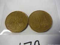 Photo showing two Terry Fox Canadian Loonie coins placed next to each other inside protective sleeves, front side with Terry Fox running design visible.