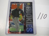Full front view of Michael Jordan baseball rookie card, showing the player in Chicago White Sox uniform, card title and branding in good detail.