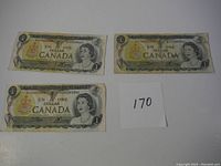 Photo showing three 1973 Canadian one dollar bills laid out with clear view of front side displaying Queen Elizabeth II and denomination.