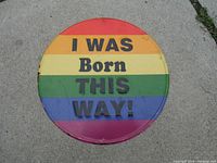 Front view showing rainbow stripes and embossed text 'I WAS Born THIS WAY!'