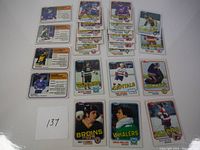 Top arrangement of hockey cards with front and back visible in protective sleeves laid out for display.