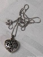 Photo showing the locket and chain laid out on fabric, detailing the clasp and pendant design.