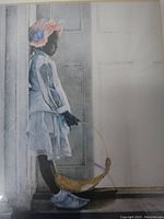 Close-up of the print showing the child standing in a doorway, wearing a bonnet and dress, holding a curved object, likely a toy basket.