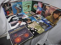 Wide shot of all 19 vinyl albums displayed on a flat surface showing front covers