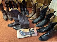 Front view showing six pairs of boots arranged on carpet with Boot Saver box in front