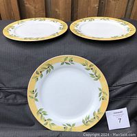 Three Joshua Maxwell Studio 10-inch dinner plates with Provence pattern showing yellow borders and green olive leaf design on a dark background.
