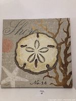 Full view of square canvas showing sand dollar with neutral colored coral and starfish design.