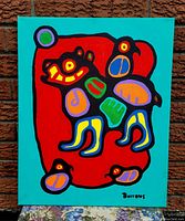 Full frontal view of the stretched and framed painting against brick background