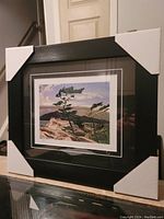 Full view of the professionally framed fine art print with corner protectors on black wood frame.