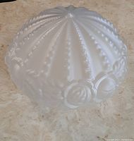 Top-down and angled view showing frosted glass shade with vertical ridged pattern and band of raised 3D rose motifs along the bottom.