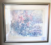 Full view of framed abstract floral art print with Dalina Darton's signature and date 1988 visible, showing the soft pastel color composition framed under glass.
