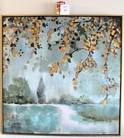 Full front view of framed oil painting with scale card