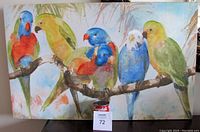 Full view of the oil painting showing seven parrots on a branch with bright colors and textured strokes, and a size reference.