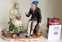Full view of porcelain bisque figurine showing older man and woman sitting with knitting supplies, yarn balls on base, signed Pucci.