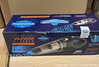 Box front showing product image, brand ThisWorx, and key features of the corded car vacuum cleaner with accessory kit.