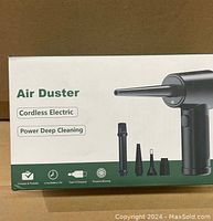 Box of the Air Duster showing product name, cordless electric feature, and included nozzles.
