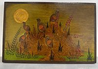 Front view of the oil painting showing quail birds on rocks with a sun or moon in the background.