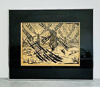 Full view of framed Stefan Rassalki linocut print Don Quixote