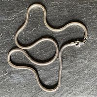 Photo showing the full length of the silver snake chain necklace laid flat to display the chain design and length.