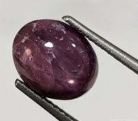 Close-up photo of an oval polished star ruby held in tweezers, showing surface asterism and inclusions.