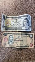Front view of Canadian one dollar bill and Jamaican two dollar bill placed on a dark textured surface.